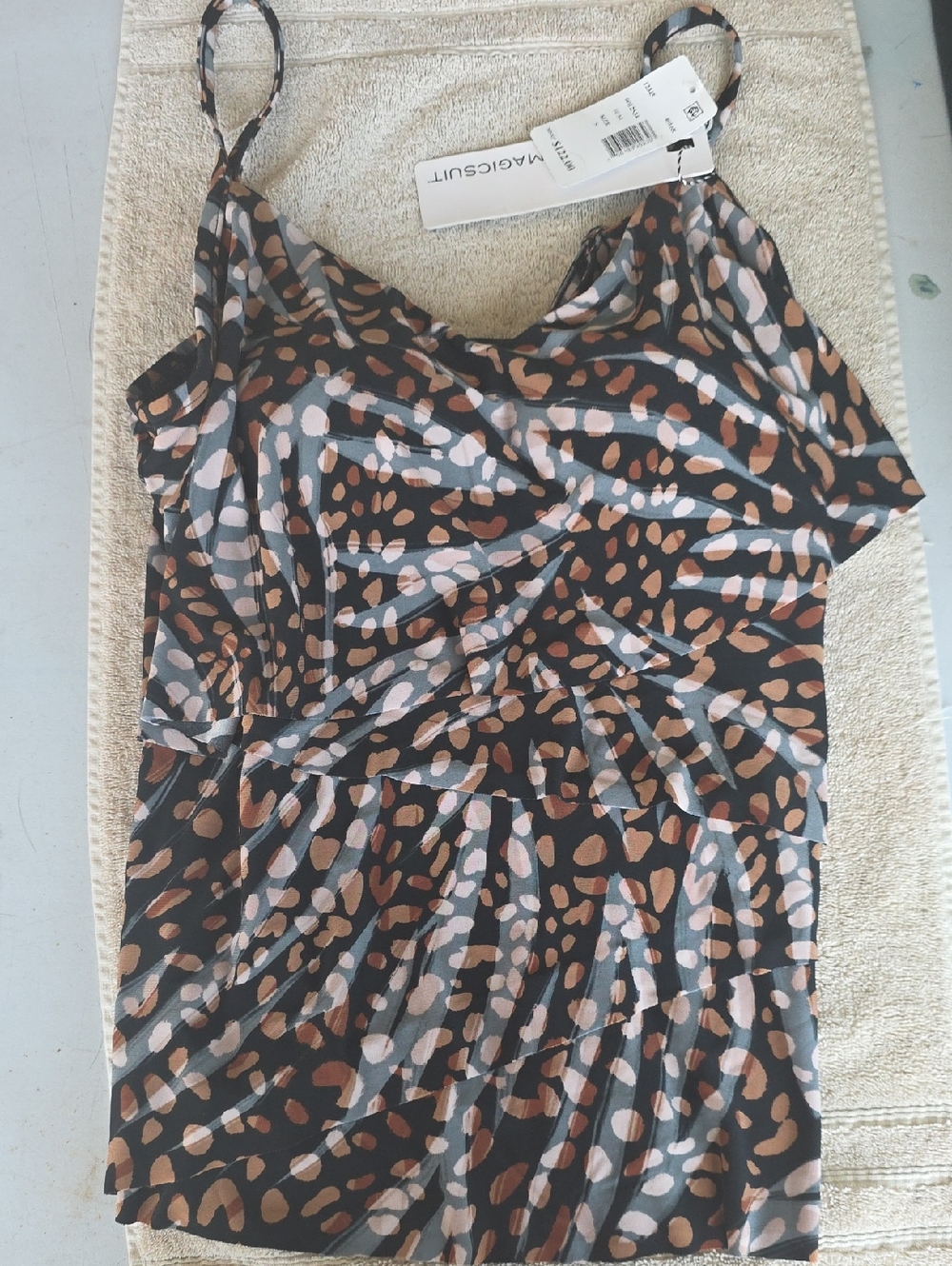 Magicsuit Black Brown & Cream Animal Print Spaghetti Strap Bikini Top Size 8